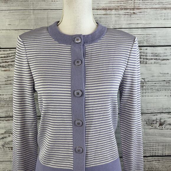 St. John Cardigan Sweater Jacket sz Small Cornflower Blue Lilac Striped Career - Picture 2 of 10